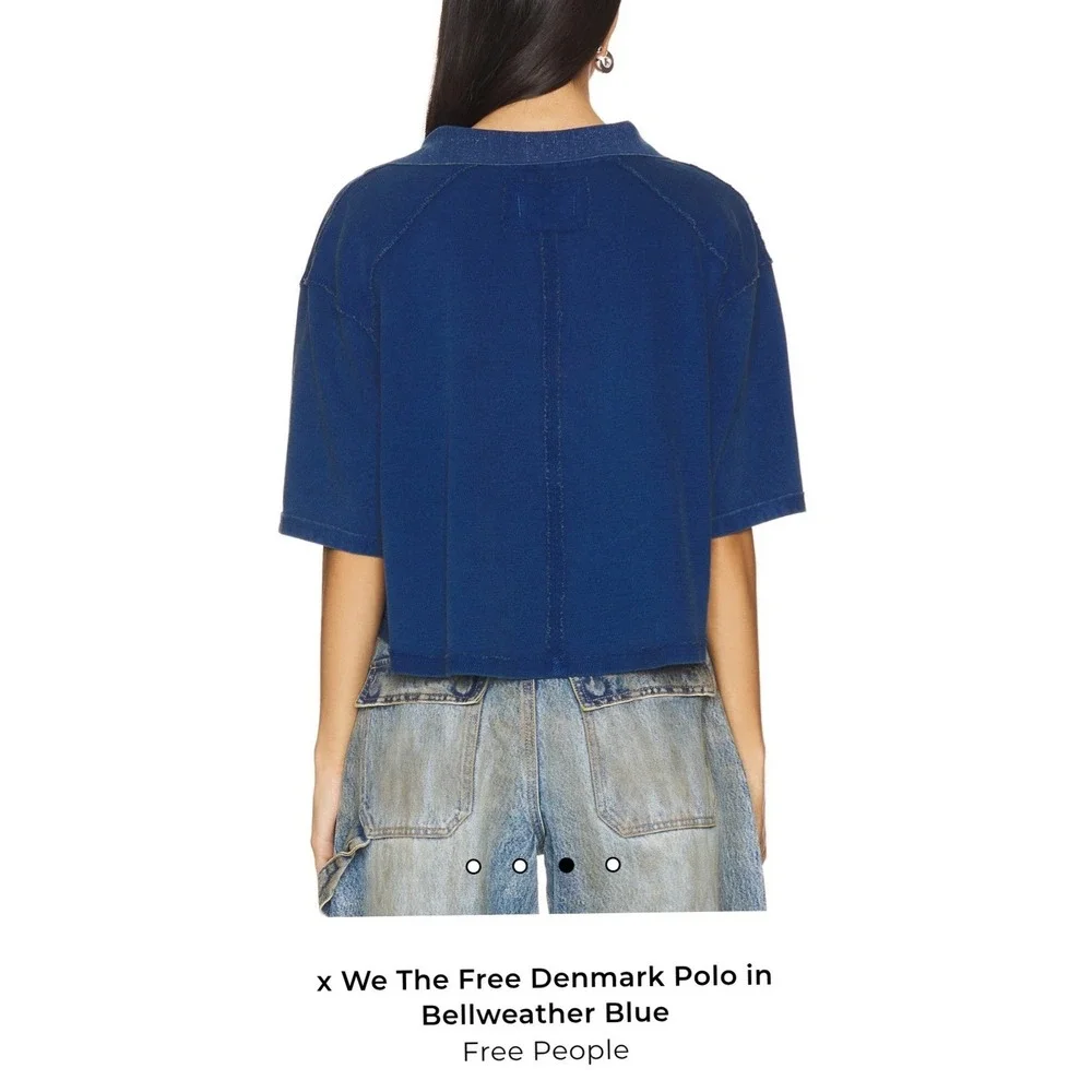 We The Free Free People Cropped Polo Shirt Blue Waffle‎ Knit Boxy Top L